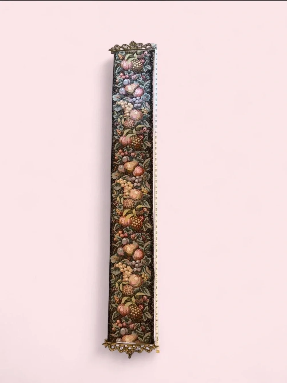 Vintage Fruit Tapestry Bell Pull Wall Hanging w/ Heavy Ornate Brass Ends